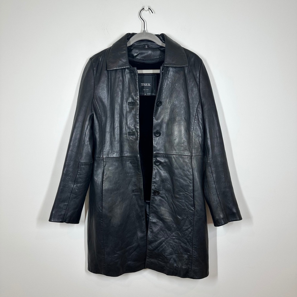 Trek New York Coat Womens Small Black Genuine Leather Longline Blazer Jacket